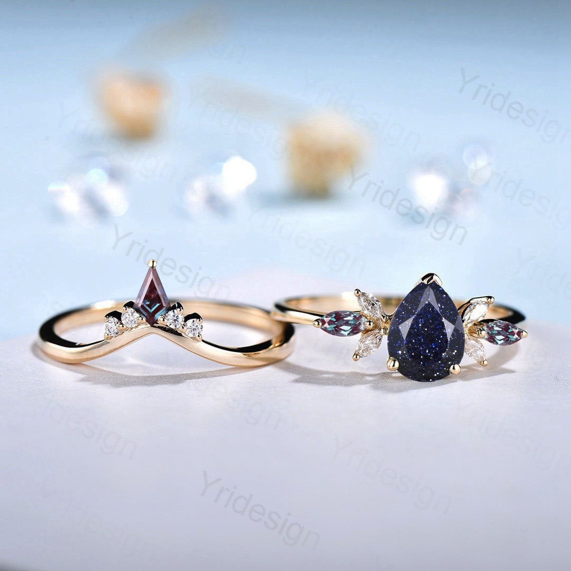 Unique Pear Blue Sandstone Cluster Engagement Rings Galaxy Starry Sky Ring Crystal Alexandrite Ring Unique Handmade Proposal Gifts for Women - PENFINE