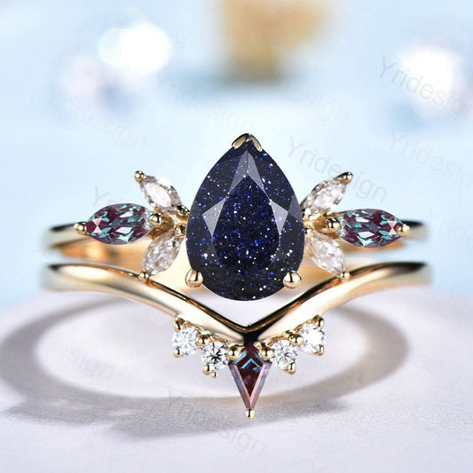 Unique Pear Blue Sandstone Cluster Engagement Rings Galaxy Starry Sky Ring Crystal Alexandrite Ring Unique Handmade Proposal Gifts for Women - PENFINE