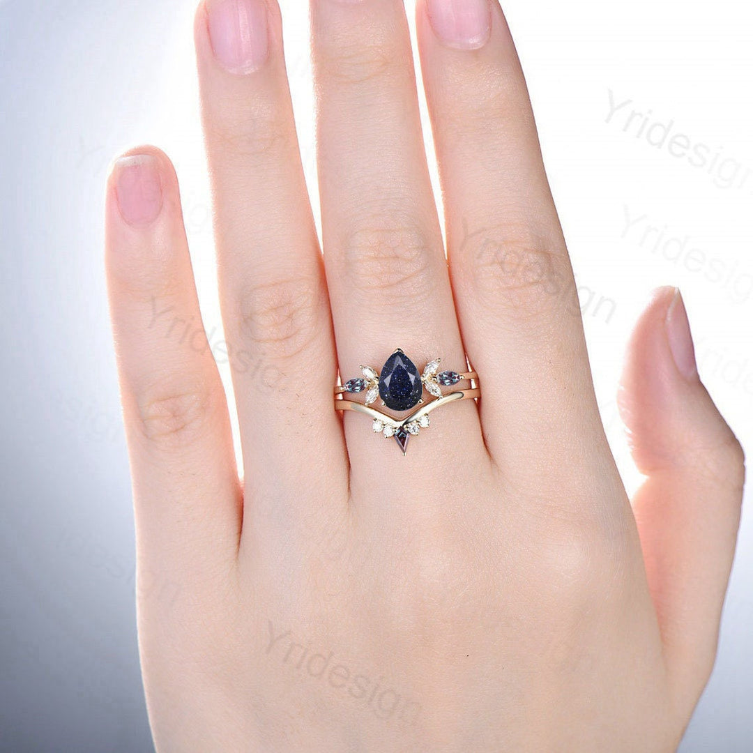 Unique Pear Blue Sandstone Cluster Engagement Rings Galaxy Starry Sky Ring Crystal Alexandrite Ring Unique Handmade Proposal Gifts for Women - PENFINE