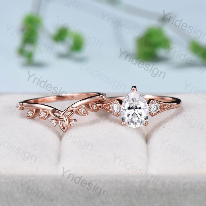 Retro teardrop moissanite wedding ring set vintage 3 stone engagement ring set art deco celtic love knot diamond stacking ring bridal set - PENFINE