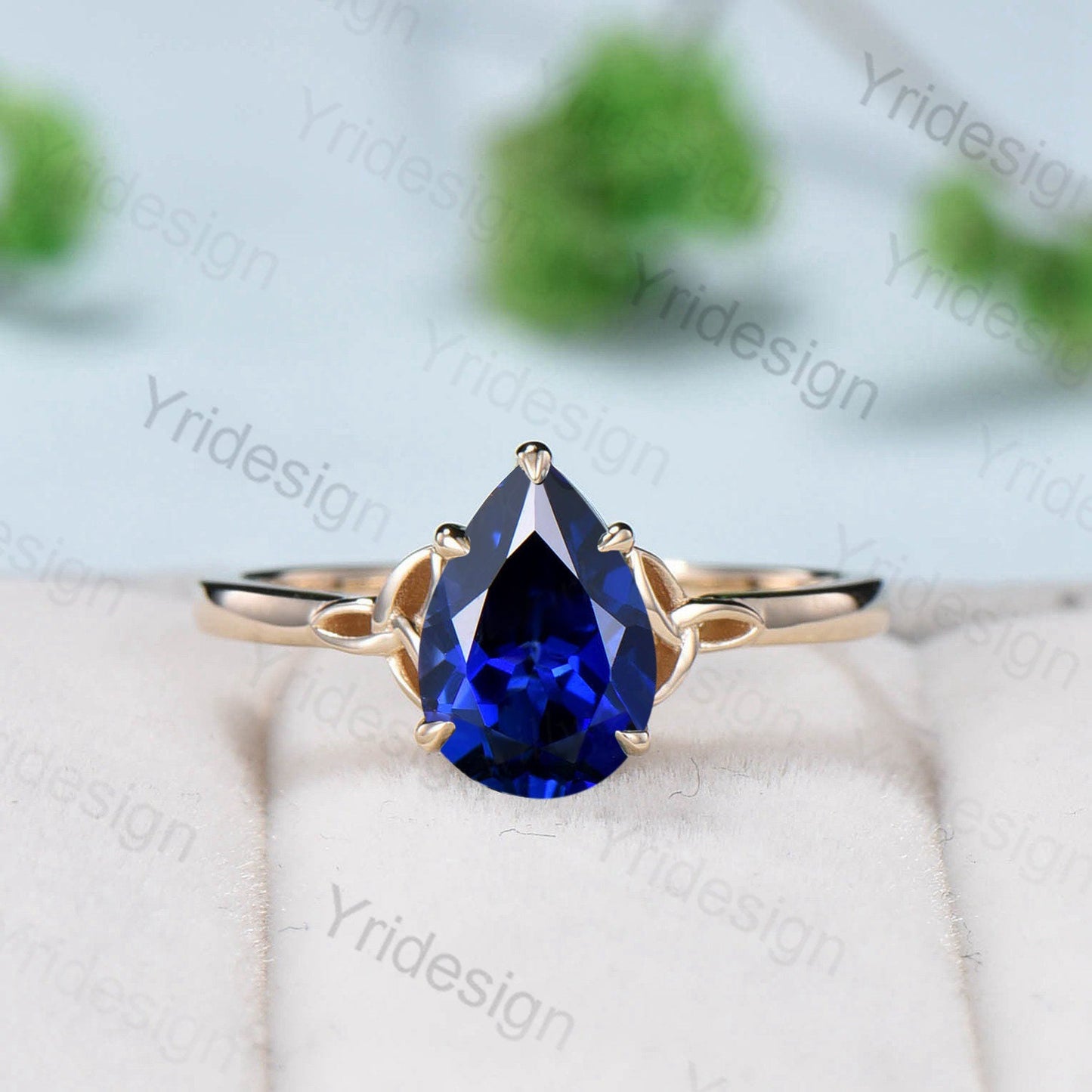Norse Viking blue sapphire engagement ring set pear shaped blue gemstone wedding ring set women Unique Celtic Love Knot bridal ring gift - PENFINE
