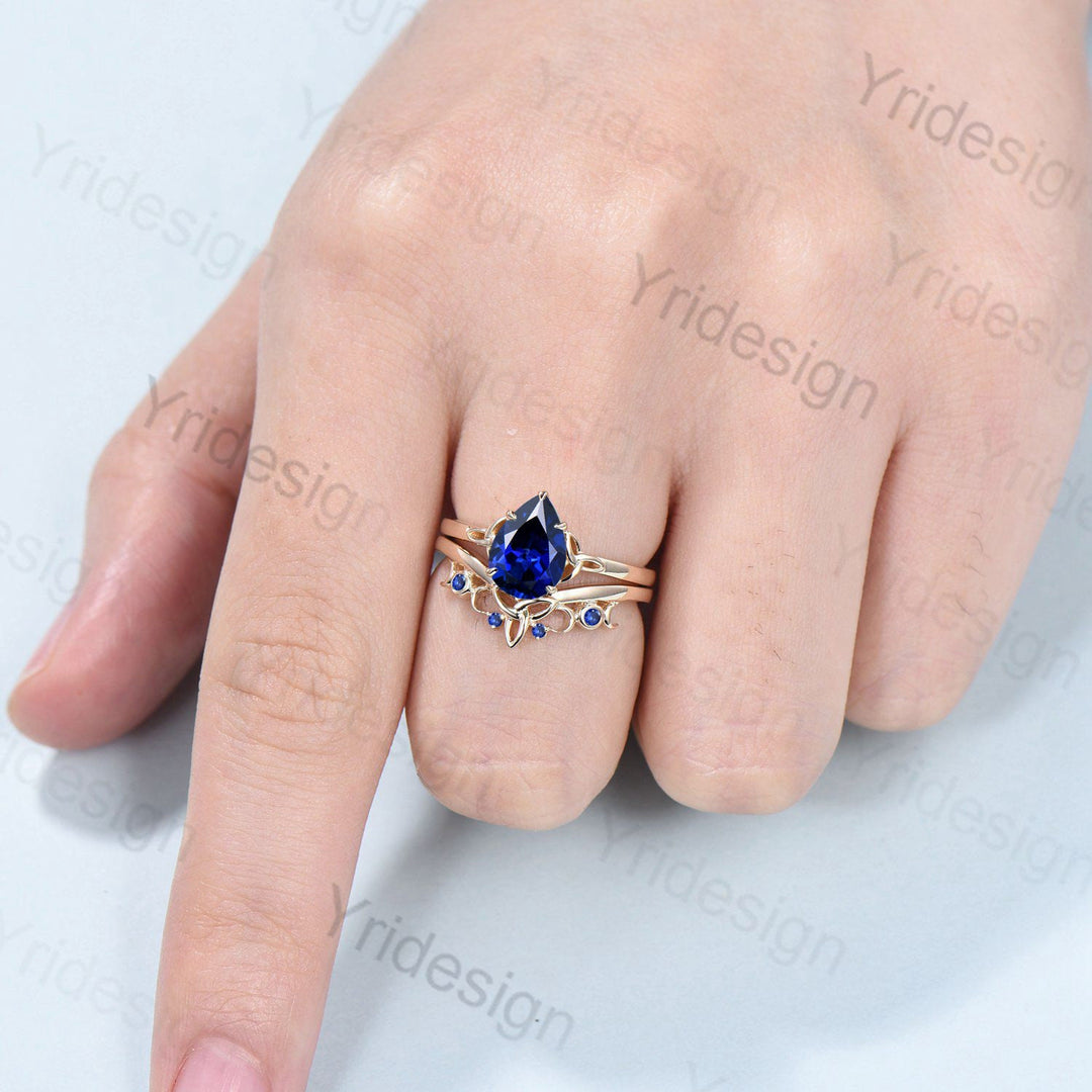 Norse Viking blue sapphire engagement ring set pear shaped blue gemstone wedding ring set women Unique Celtic Love Knot bridal ring gift - PENFINE