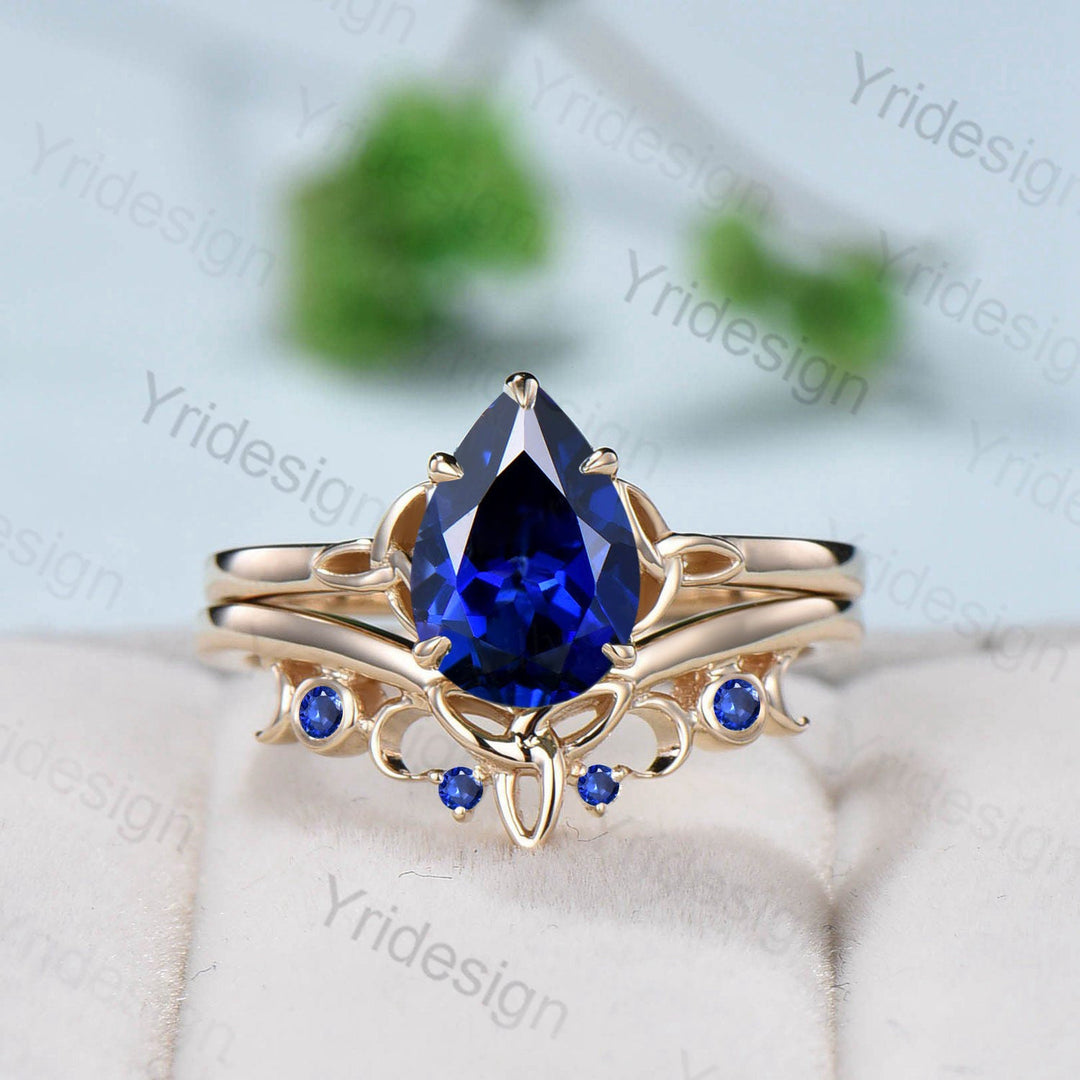 Norse Viking blue sapphire engagement ring set pear shaped blue gemstone wedding ring set women Unique Celtic Love Knot bridal ring gift - PENFINE