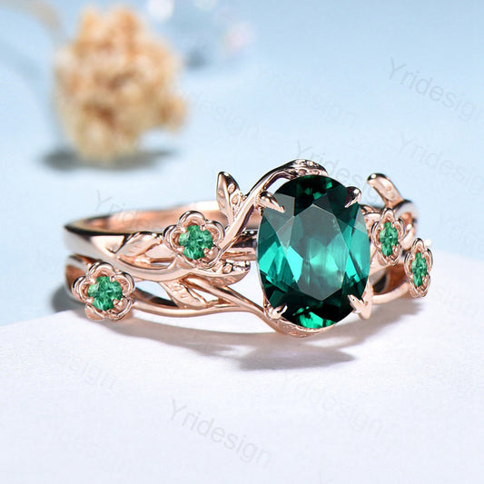 Floral flower emerald Ring Nature Inspired emerald wedding ring set vintage unique twig leaf engagement ring Art deco Branch bridal ring set - PENFINE