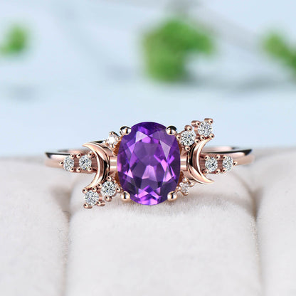 Vintage purple amethyst engagement ring rose gold unique crescent moon amethyst promise ring cute cluster moissanite wedding gift for Women - PENFINE