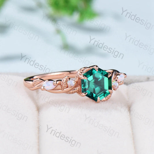 Vintage Green Emerald Ring Hexagon Cut Retro leaf Engagement Ring 5 Stone Unique Opal Bridal Ring nature inspired anniversary gift for Women - PENFINE