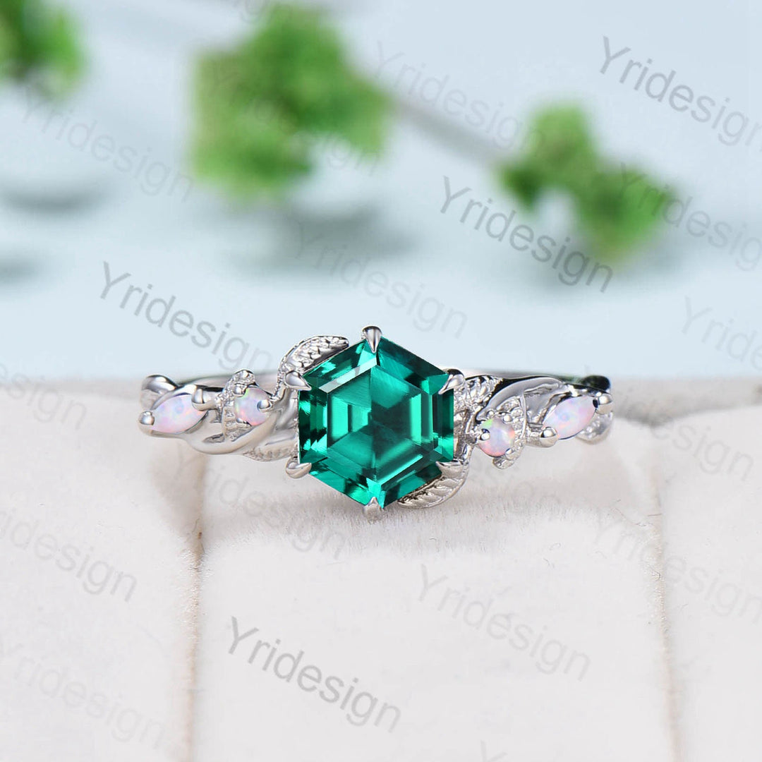 Vintage Green Emerald Ring Hexagon Cut Retro leaf Engagement Ring 5 Stone Unique Opal Bridal Ring nature inspired anniversary gift for Women - PENFINE