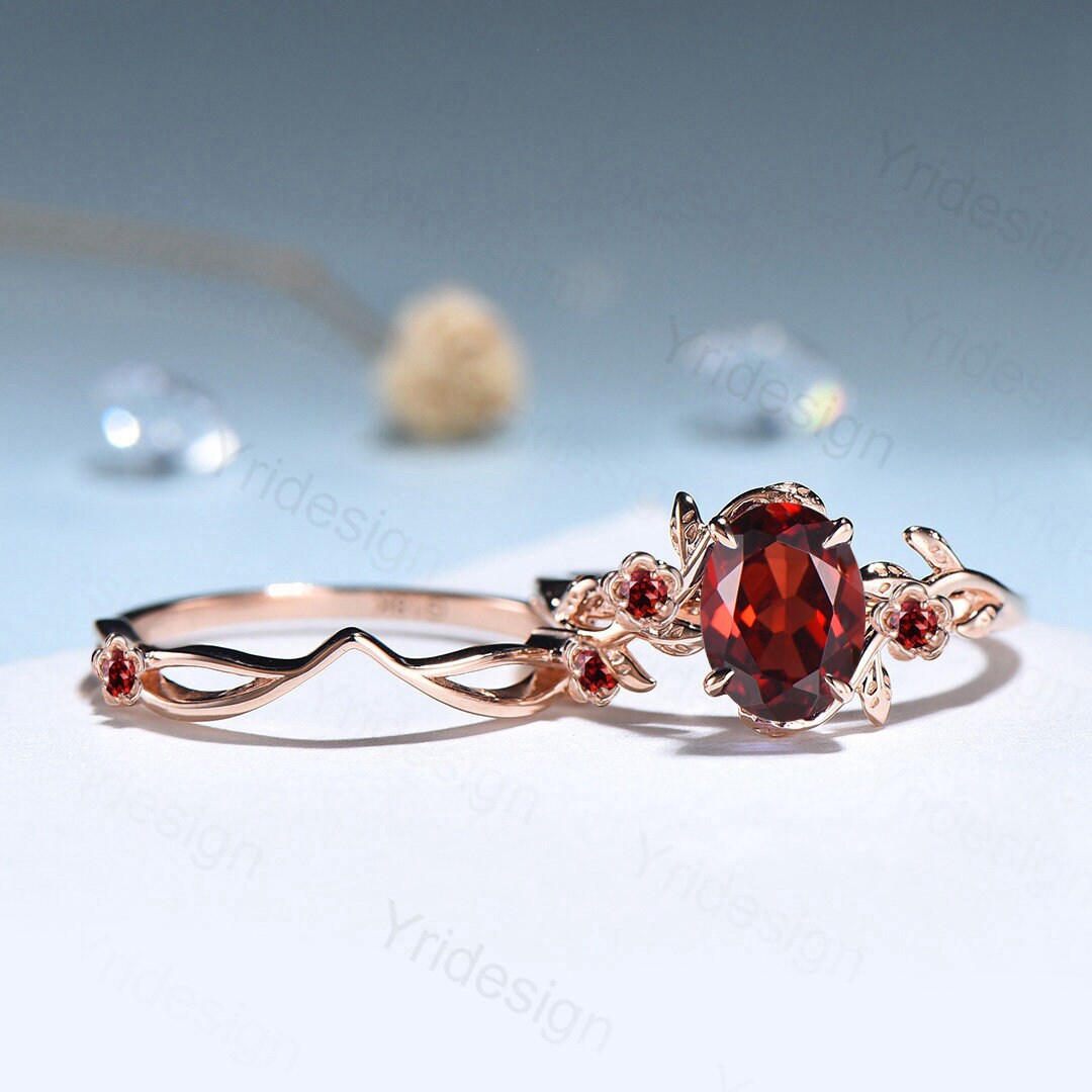 Unique Garnet Engagement Ring set for Women Vintage top Engagement Ring Nature Inspired Leaf Ring Alternative Gemstone Ring Promise ring for her