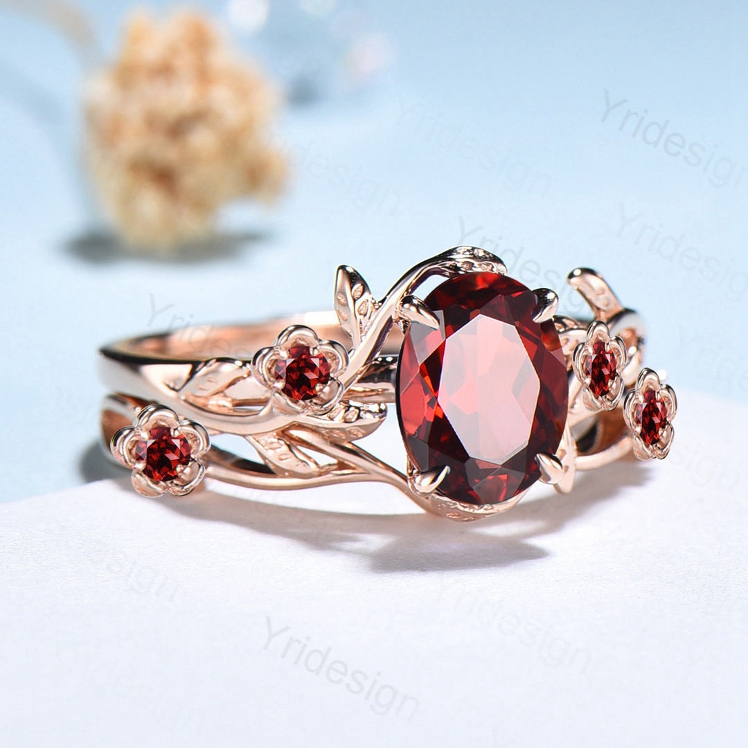 Unique flower leaves garnet ring set cluster branch nature inspired garnet engagement ring women cute January birthstone wedding ring set - PENFINE