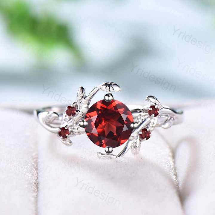 Nature Inspired natural garnet ring cluster Leaf engagement ring women unique branch wedding ring January Birthstone Jewelry Proposal Gift - PENFINE