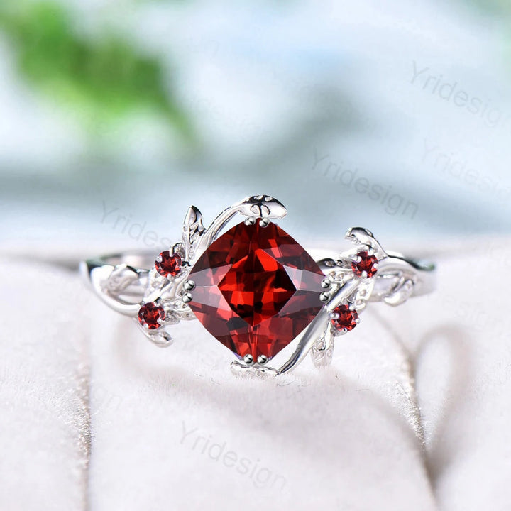 Nature Inspired natural garnet ring cluster Leaf engagement ring women unique branch wedding ring January Birthstone Jewelry Proposal Gift - PENFINE