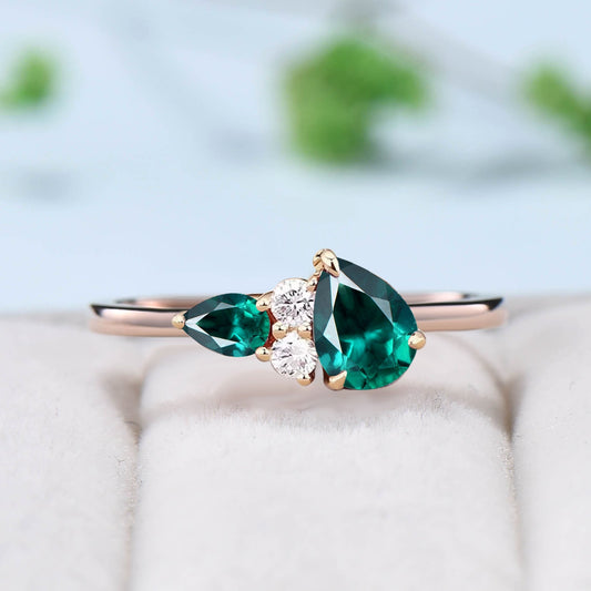 Unique Teardrop emerald ring vintage lab created emerald engagement ring art deco moissanite wedding band custom women bridal promise ring - PENFINE