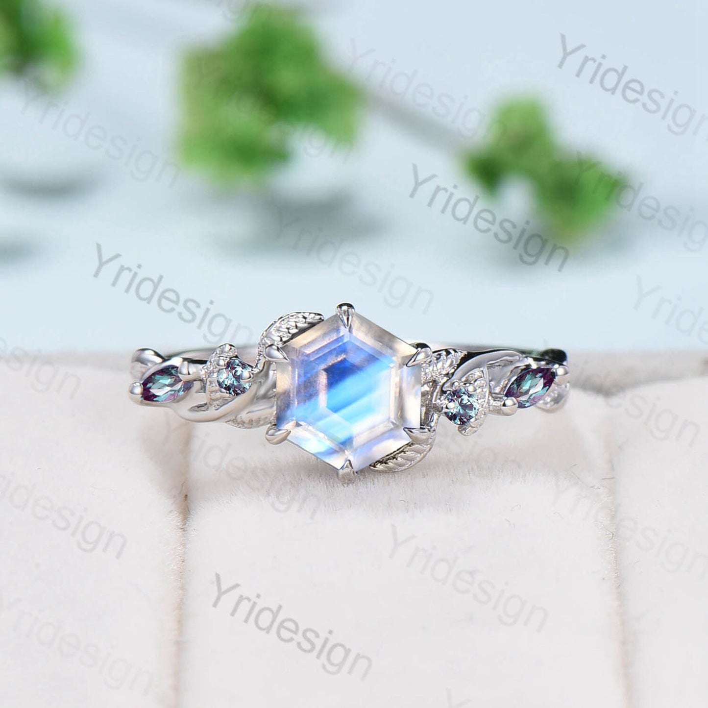 Unique hexagon moonstone engagement ring nature inspired moon alexandrite engagement ring vintage leaf June birthstone wedding ring gift - PENFINE