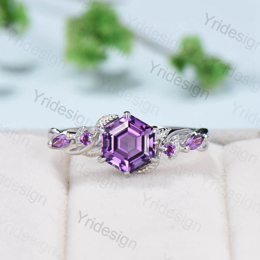 Nature Inspired Amethyst Engagement Ring Art Deco Unique Twisted Wedding Ring For Women Delicate Purple Stone Rose Gold Promise Ring Gift - PENFINE