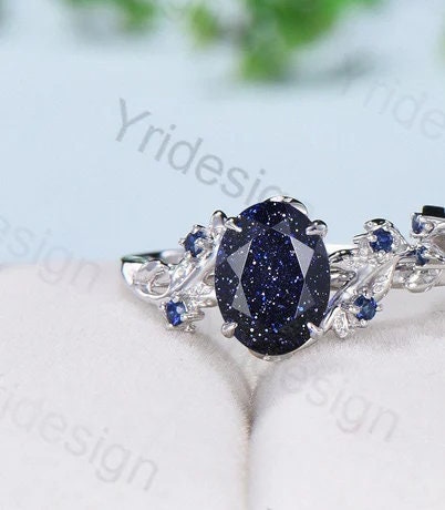 Nature Inspired Galaxy Blue Sandstone Engagement Ring Set Cluster Sapphire Wedding Ring Set Women Unique Leaves Branch Personalized Gift - PENFINE