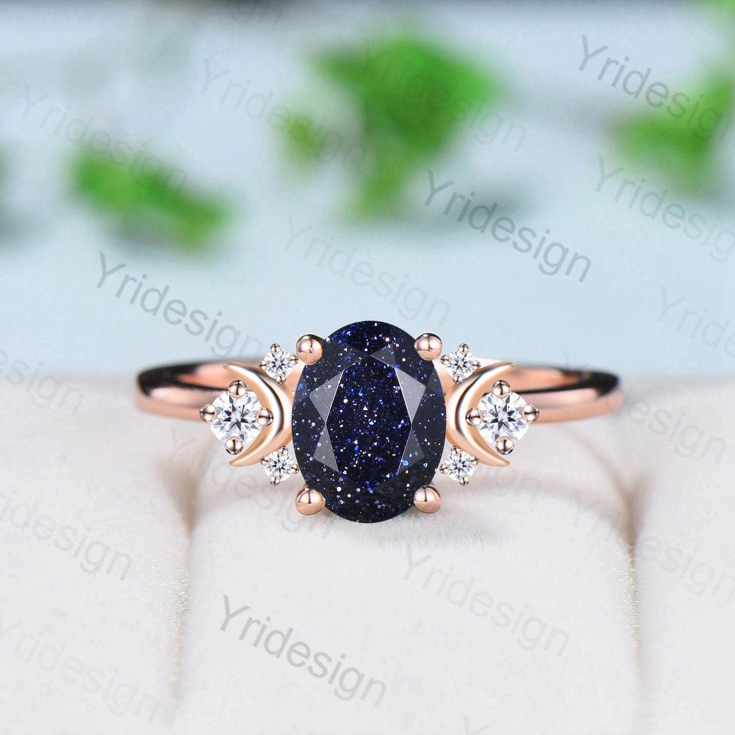 Elegant Oval Cut Blue Sandstone Solitaire Ring Blue Gemstone authentic Galaxy Engagement Ring Unique Art Deco Personalized Wedding Promise Ring Women