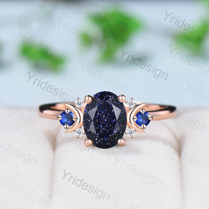 Vintage Moon Blue Sandstone Ring Unique 1.5Ct Oval Galaxy Engagement Ring Wedding Ring For Women Unique Handmade Proposal Gifts for Women - PENFINE