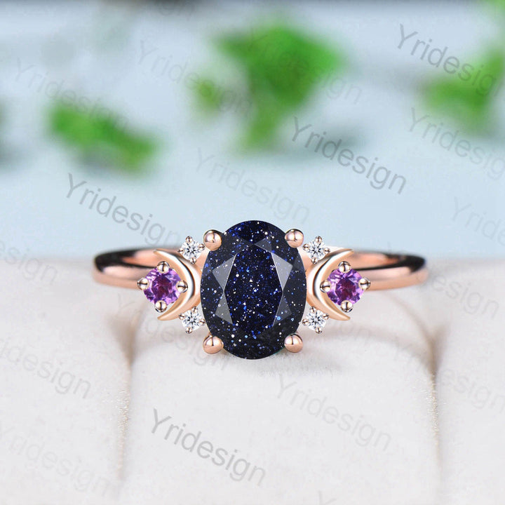 Vintage Moon Blue Sandstone Ring Unique 1.5Ct Oval Galaxy Engagement Ring Wedding Ring For Women Unique Handmade Proposal Gifts for Women - PENFINE
