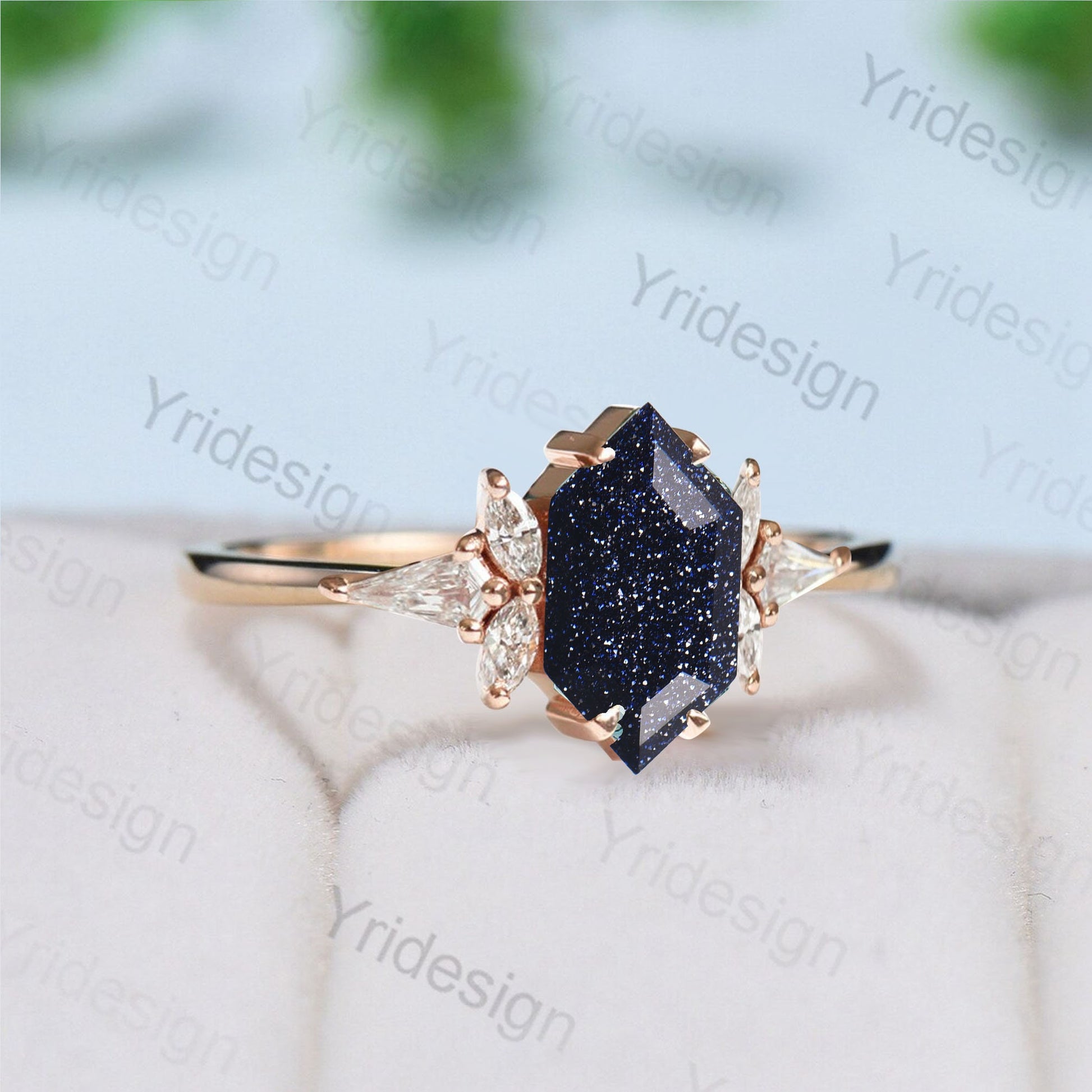 Elongated Hexagon cut blue sandstone engagement ring Vintage Galaxy Sandstone 7 stone moissanite wedding Ring silver Women Anniversary Gift - PENFINE
