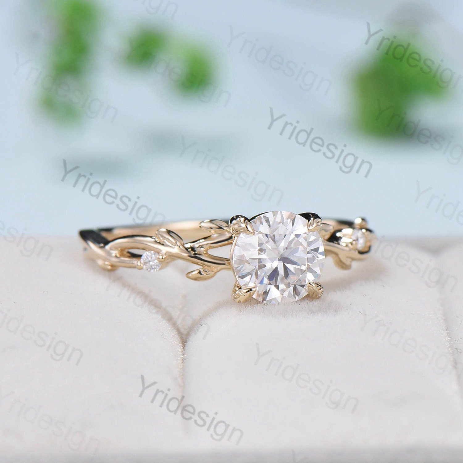 Round Brilliant Moissanite ring Leaf Branch Moissanite Engagement Ring 14K Yellow Gold Nature Inspired Wedding Ring Unique Twig Promise Ring - PENFINE