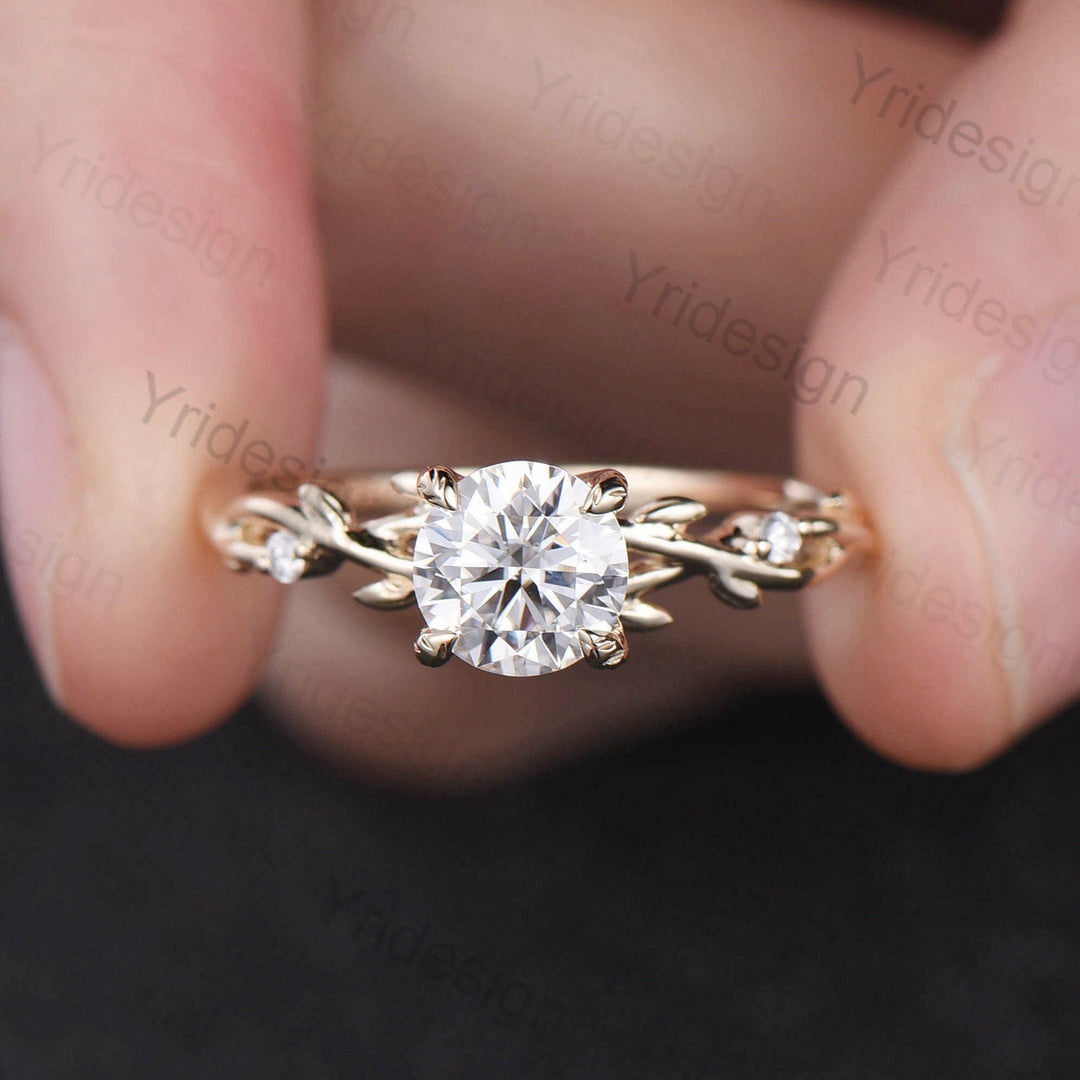 Round Brilliant Moissanite ring Leaf Branch Moissanite Engagement Ring 14K Yellow Gold Nature Inspired Wedding Ring Unique Twig Promise Ring - PENFINE