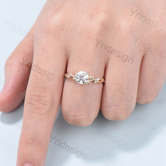 Round Brilliant Moissanite ring Leaf Branch Moissanite Engagement Ring 14K Yellow Gold Nature Inspired Wedding Ring Unique Twig Promise Ring - PENFINE