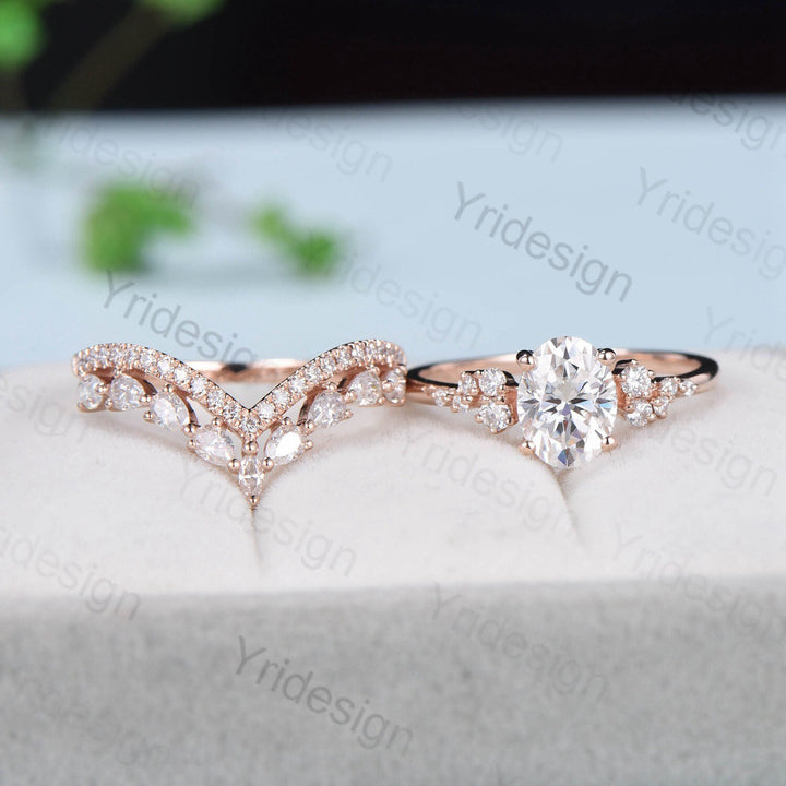 Oval Moissanite Engagement Ring Set 1.5ct VVS Moissanite Ring Vintage 14K Rose Gold Bridal Set Unique Oval Engagement Rings For Women - PENFINE