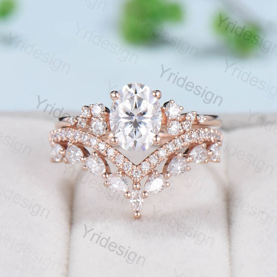 Oval Moissanite Engagement Ring Set 1.5ct VVS Moissanite Ring Vintage 14K Rose Gold Bridal Set Unique Oval Engagement Rings For Women - PENFINE