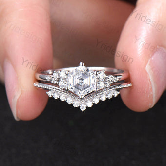 Hexagon Cut Moissanite Ring Set Vintage Cluster Diamond Moissanite Engagement Ring Rose Gold Unique Bridal Set Art Deco Anniversary Gift - PENFINE