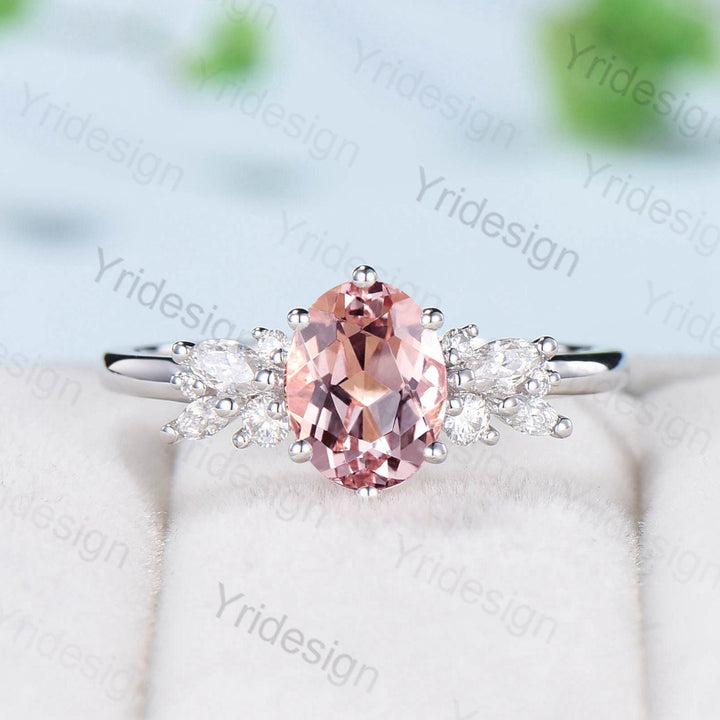 Pink Morganite Ring 1.5CT Oval Morganite Engagement Ring Cluster Ring Statement Ring Sterling Silver Ring  Rose Gold Bridal Promise Ring - PENFINE