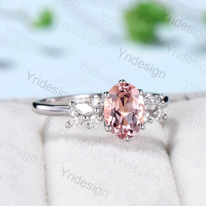 Pink Morganite Ring 1.5CT Oval Morganite Engagement Ring Cluster Ring Statement Ring Sterling Silver Ring  Rose Gold Bridal Promise Ring - PENFINE