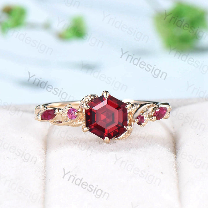 Vintage Red Ruby Ring Hexagon Cut Retro leaf Engagement Ring 5 Stone Unique Women Bridal Ring Rose gold nature inspired anniversary ring - PENFINE