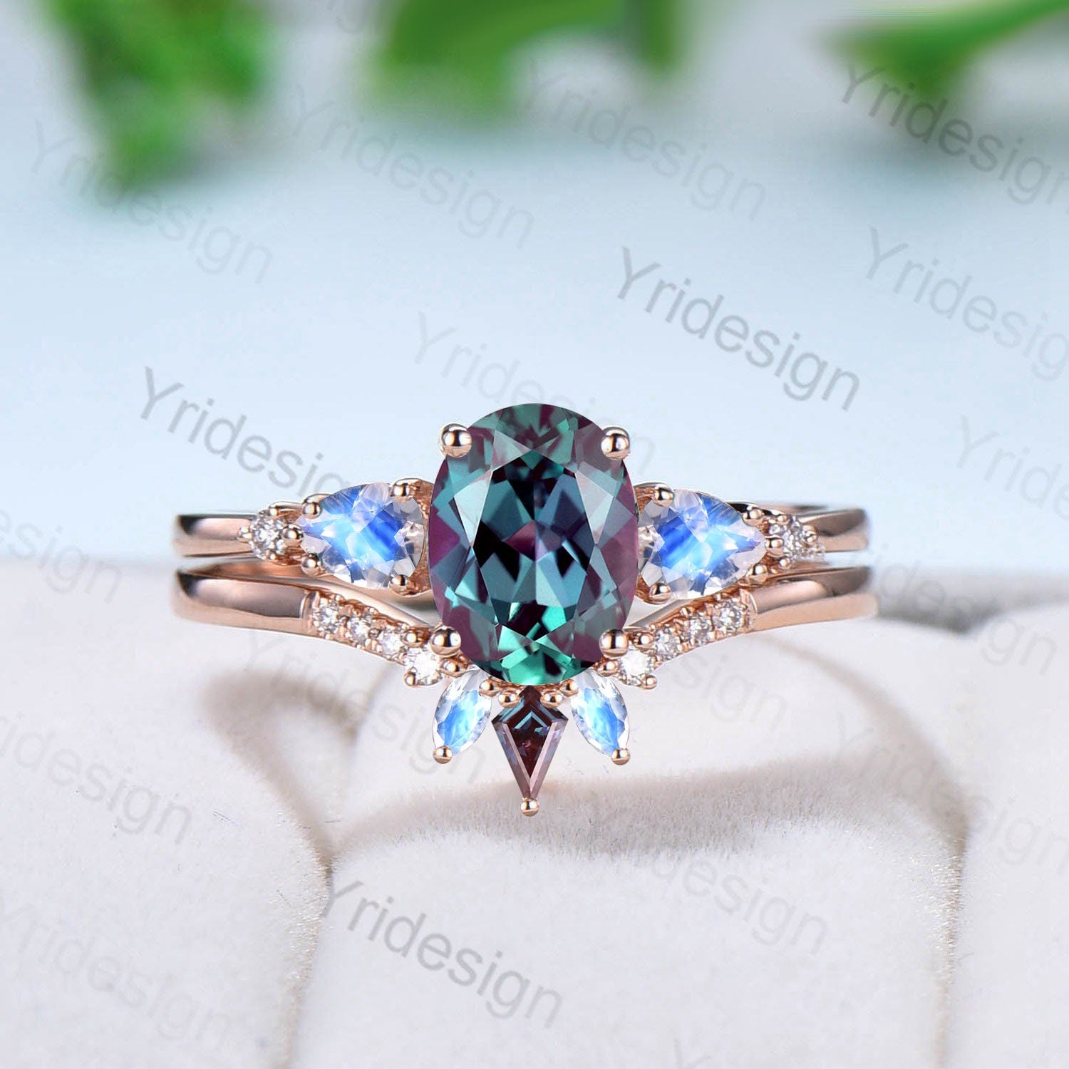 Vintage Oval Alexandrite Engagement Ring Set Unique Pear Moonstone Wed ...