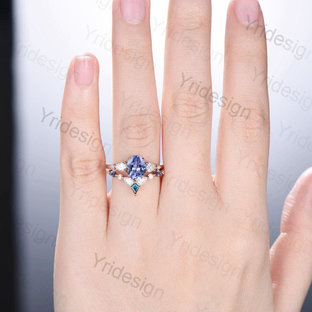 Vintage Oval Tanzanite engagement ring set unique moissanite alexandrite wedding set crown art deco stacking band Bridal Promise ring Women - PENFINE