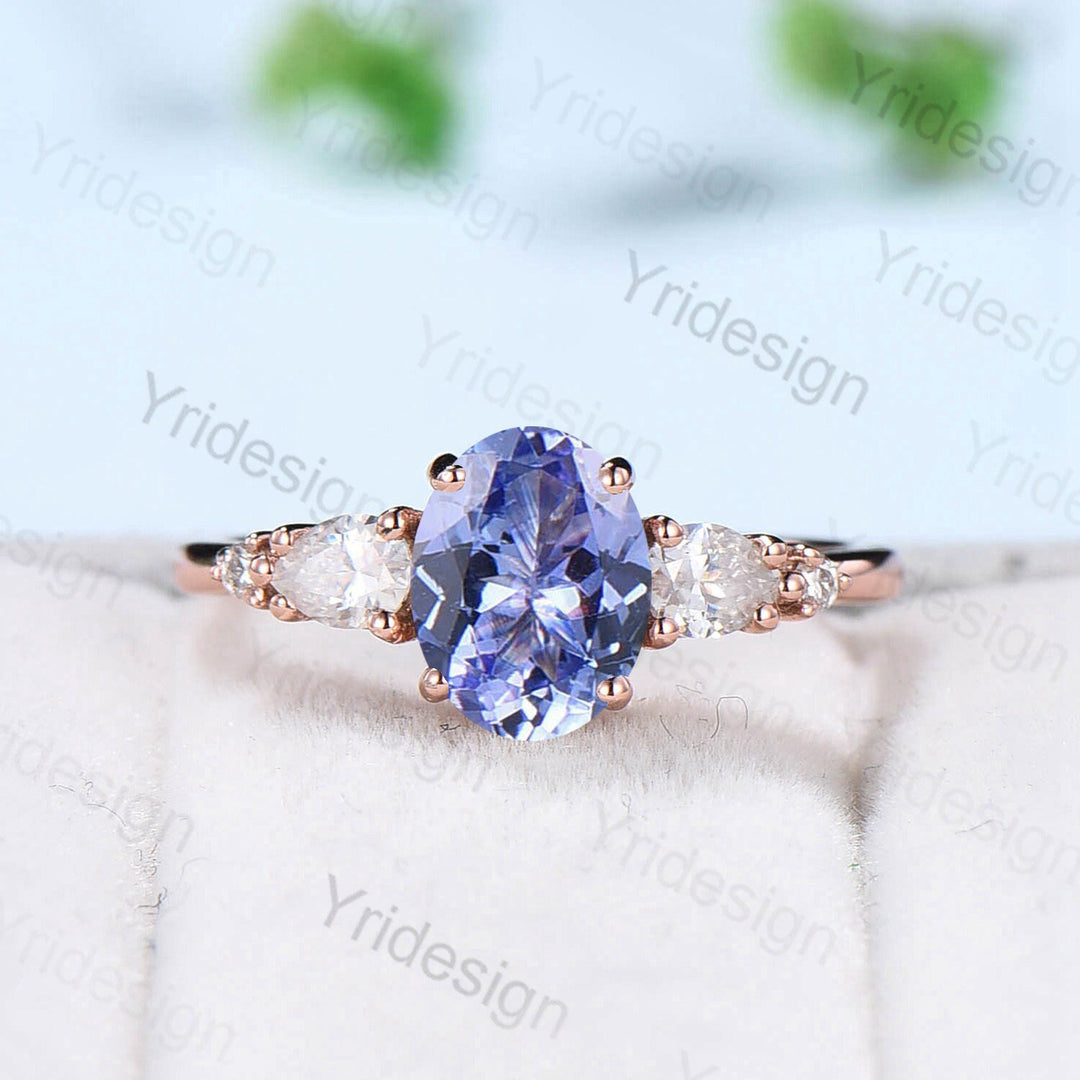 Vintage Oval Tanzanite engagement ring set unique moissanite alexandrite wedding set crown art deco stacking band Bridal Promise ring Women - PENFINE