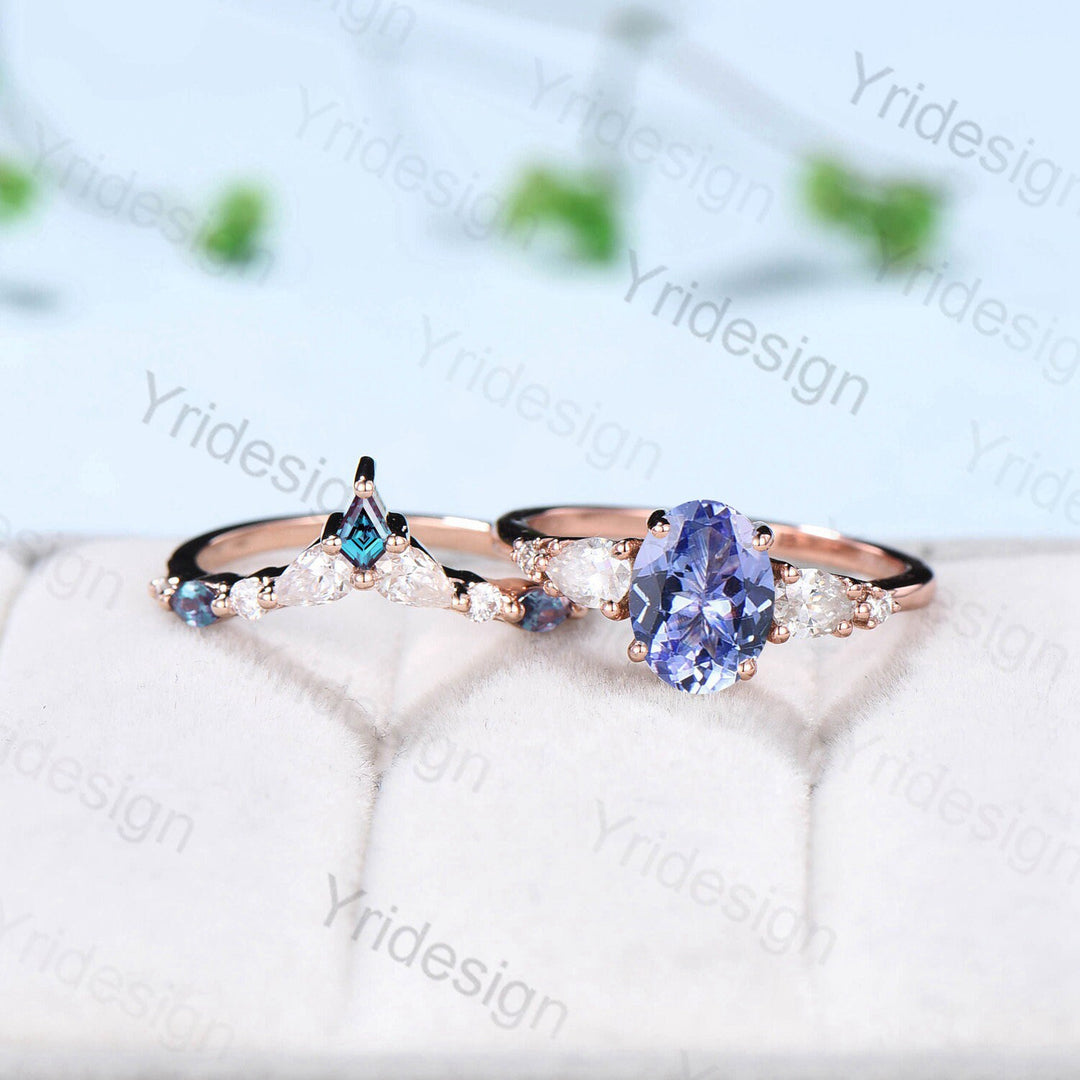 Vintage Oval Tanzanite engagement ring set unique moissanite alexandrite wedding set crown art deco stacking band Bridal Promise ring Women - PENFINE