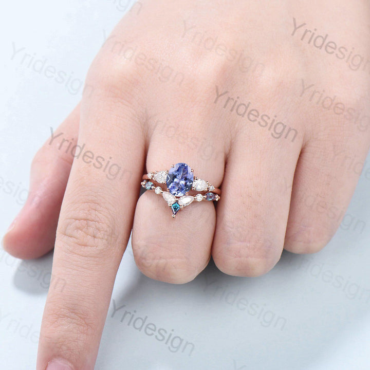 Vintage Oval Tanzanite engagement ring set unique moissanite alexandrite wedding set crown art deco stacking band Bridal Promise ring Women - PENFINE