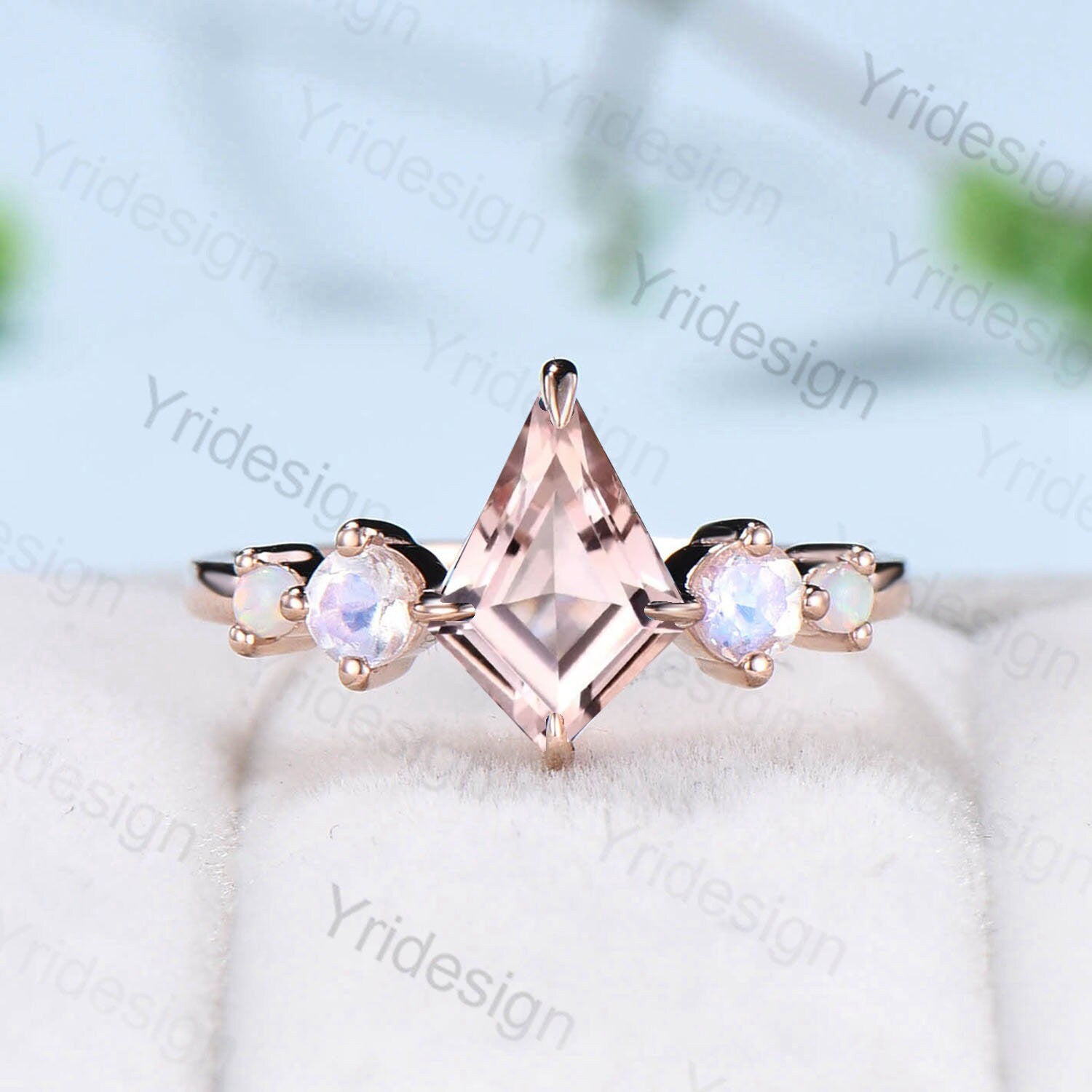 Vintage Pink Morganite Engagement Ring Kite Cut Unique Moonstone Opal Wedding Set Crown Art Deco Alexandrite Stacking Ring  Bridal Set Gift - PENFINE