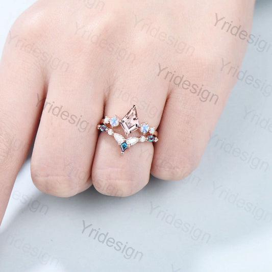Vintage Pink Morganite Engagement Ring Kite Cut Unique Moonstone Opal Wedding Set Crown Art Deco Alexandrite Stacking Ring Bridal Set Gift - PENFINE