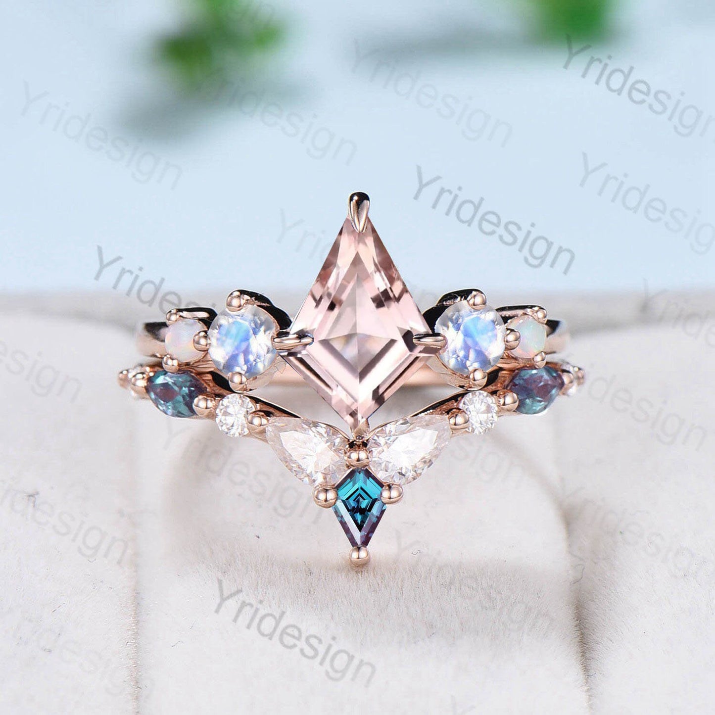 Vintage Pink Morganite Engagement Ring Kite Cut Unique Moonstone Opal Wedding Set Crown Art Deco Alexandrite Stacking Ring  Bridal Set Gift - PENFINE