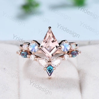 Vintage Pink Morganite Engagement Ring Kite Cut Unique Moonstone Opal Wedding Set Crown Art Deco Alexandrite Stacking Ring  Bridal Set Gift - PENFINE
