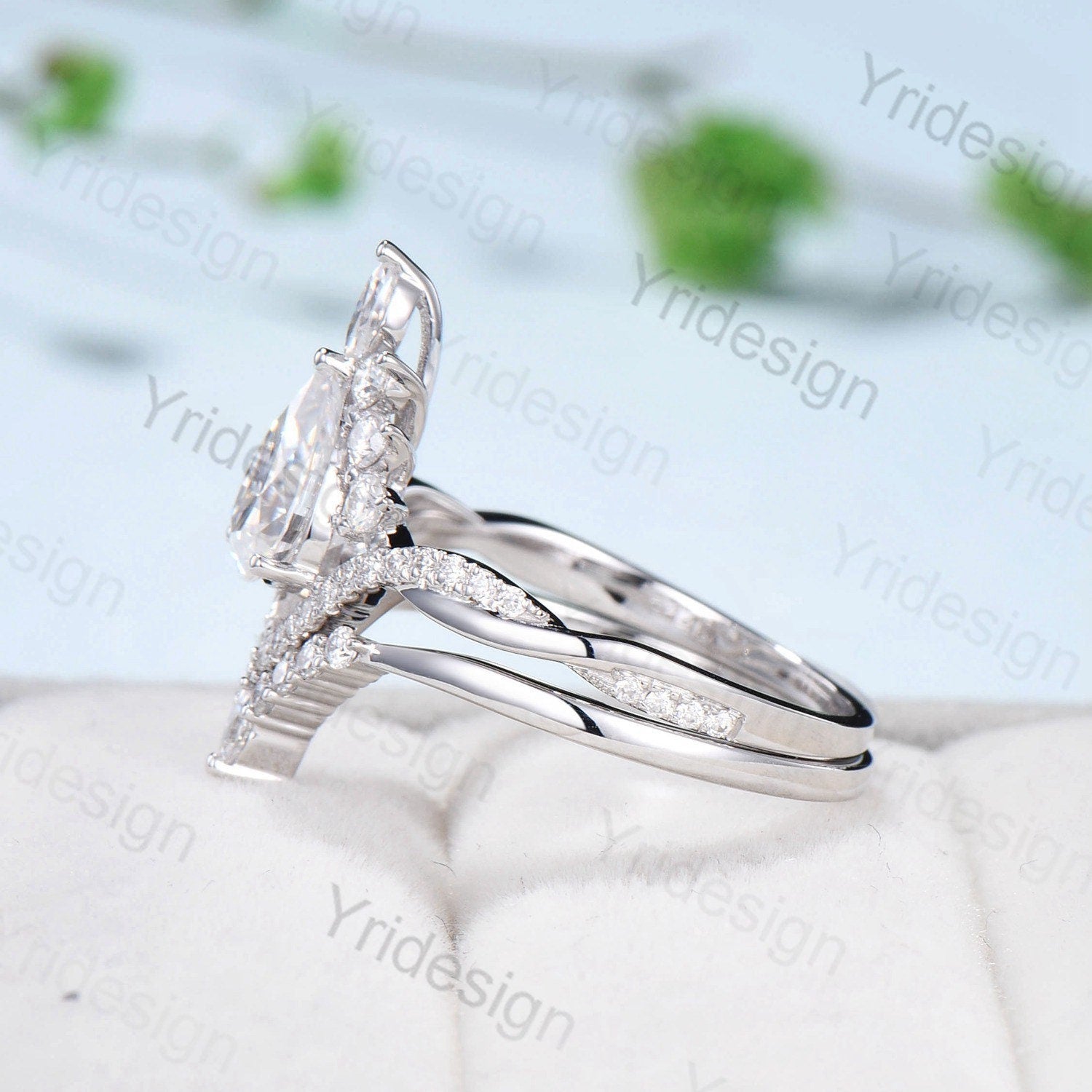 Vintage Retro Moissanite engagement ring set Vintage Pear shaped Moissanite wedding ring set white gold Unique Twisted Promise ring for her - PENFINE
