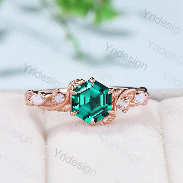 Vintage Green Emerald Ring Hexagon Cut Retro leaf Engagement Ring 5 Stone Unique Opal Bridal Ring nature inspired anniversary gift for Women - PENFINE