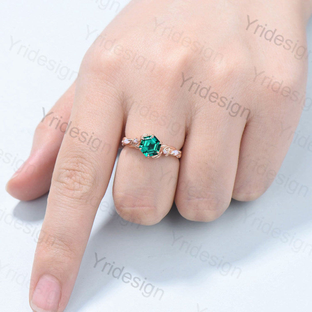 Vintage Green Emerald Ring Hexagon Cut Retro leaf Engagement Ring 5 Stone Unique Opal Bridal Ring nature inspired anniversary gift for Women - PENFINE