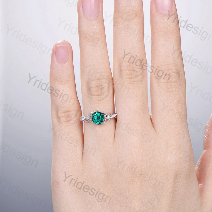 Vintage Green Emerald Ring Hexagon Cut Retro leaf Engagement Ring 5 Stone Unique Opal Bridal Ring nature inspired anniversary gift for Women - PENFINE