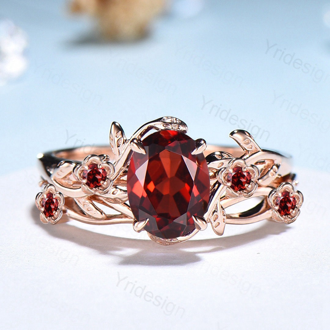 Unique flower leaves garnet ring set cluster branch nature inspired garnet engagement ring women cute January birthstone wedding ring set - PENFINE