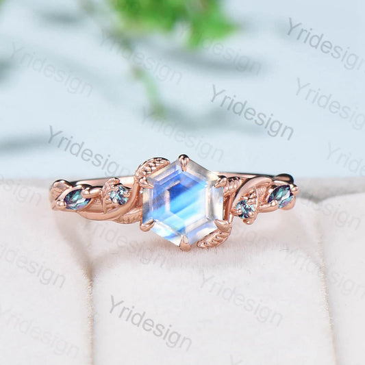 Unique hexagon moonstone engagement ring nature inspired moon alexandrite engagement ring vintage leaf June birthstone wedding ring gift - PENFINE