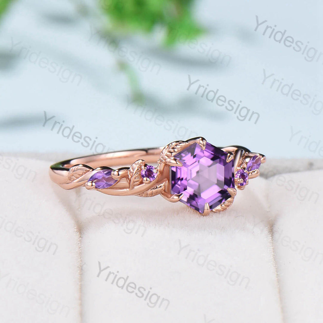 Nature Inspired Amethyst Engagement Ring Art Deco Unique Twisted Wedding Ring For Women Delicate Purple Stone Rose Gold Promise Ring Gift - PENFINE