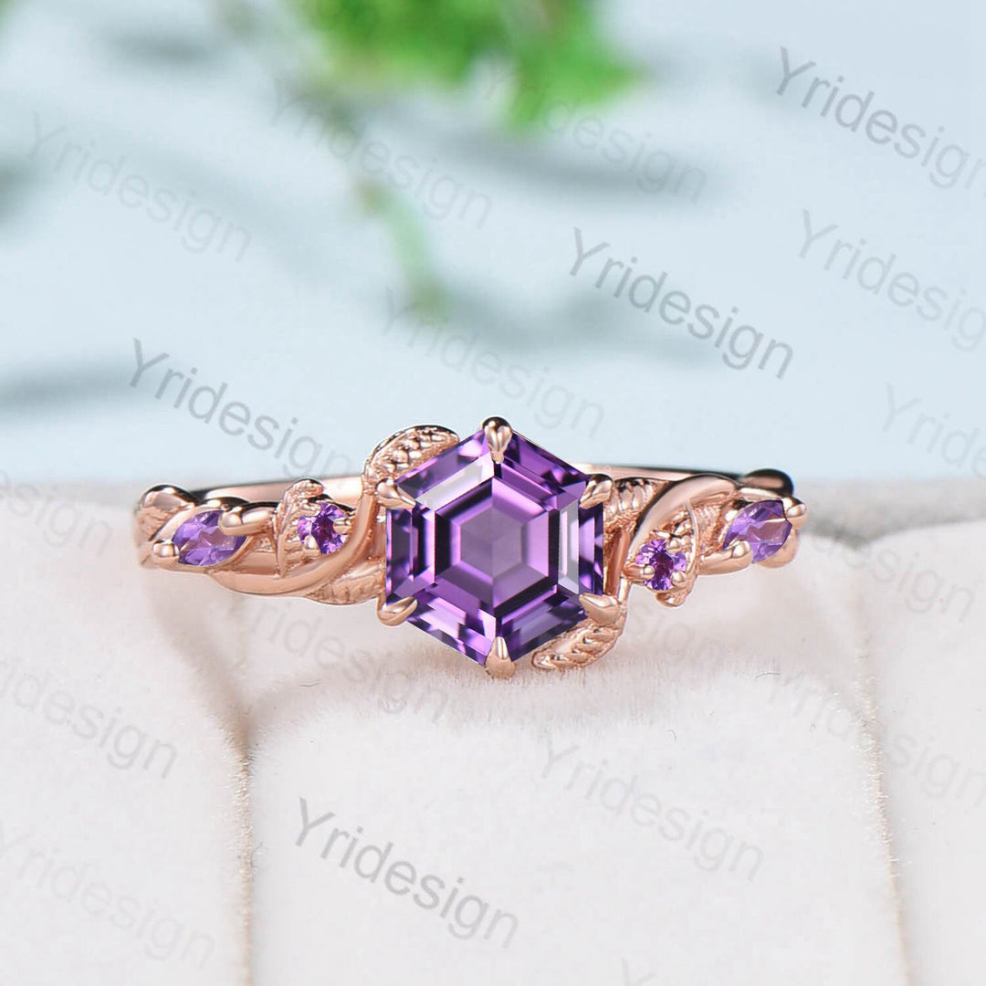 Nature Inspired Amethyst Engagement Ring Art Deco Unique Twisted Wedding Ring For Women Delicate Purple Stone Rose Gold Promise Ring Gift - PENFINE