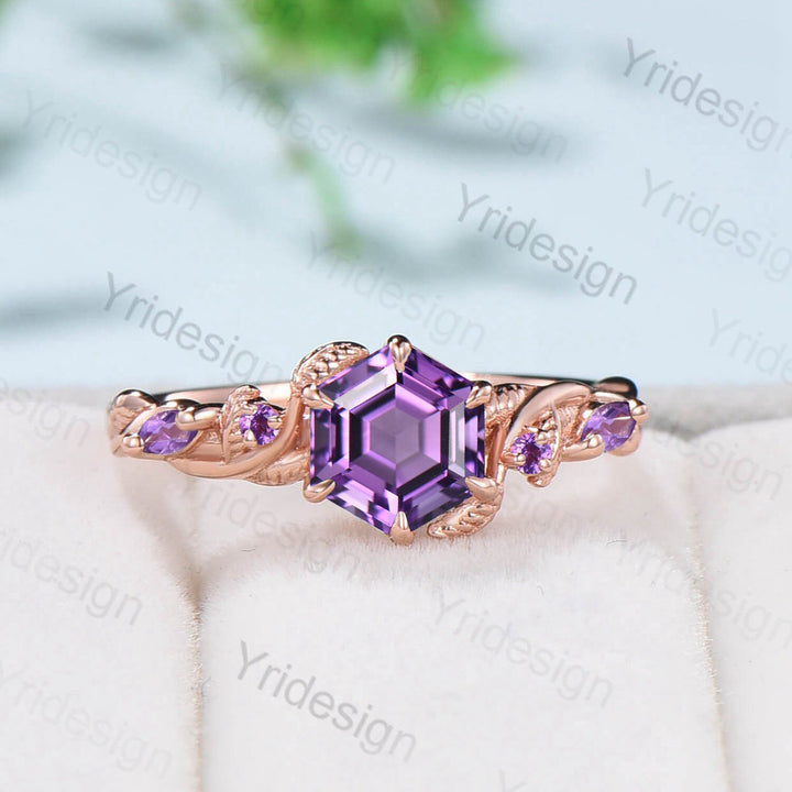 Nature Inspired Amethyst Engagement Ring Art Deco Unique Twisted Wedding Ring For Women Delicate Purple Stone Rose Gold Promise Ring Gift - PENFINE